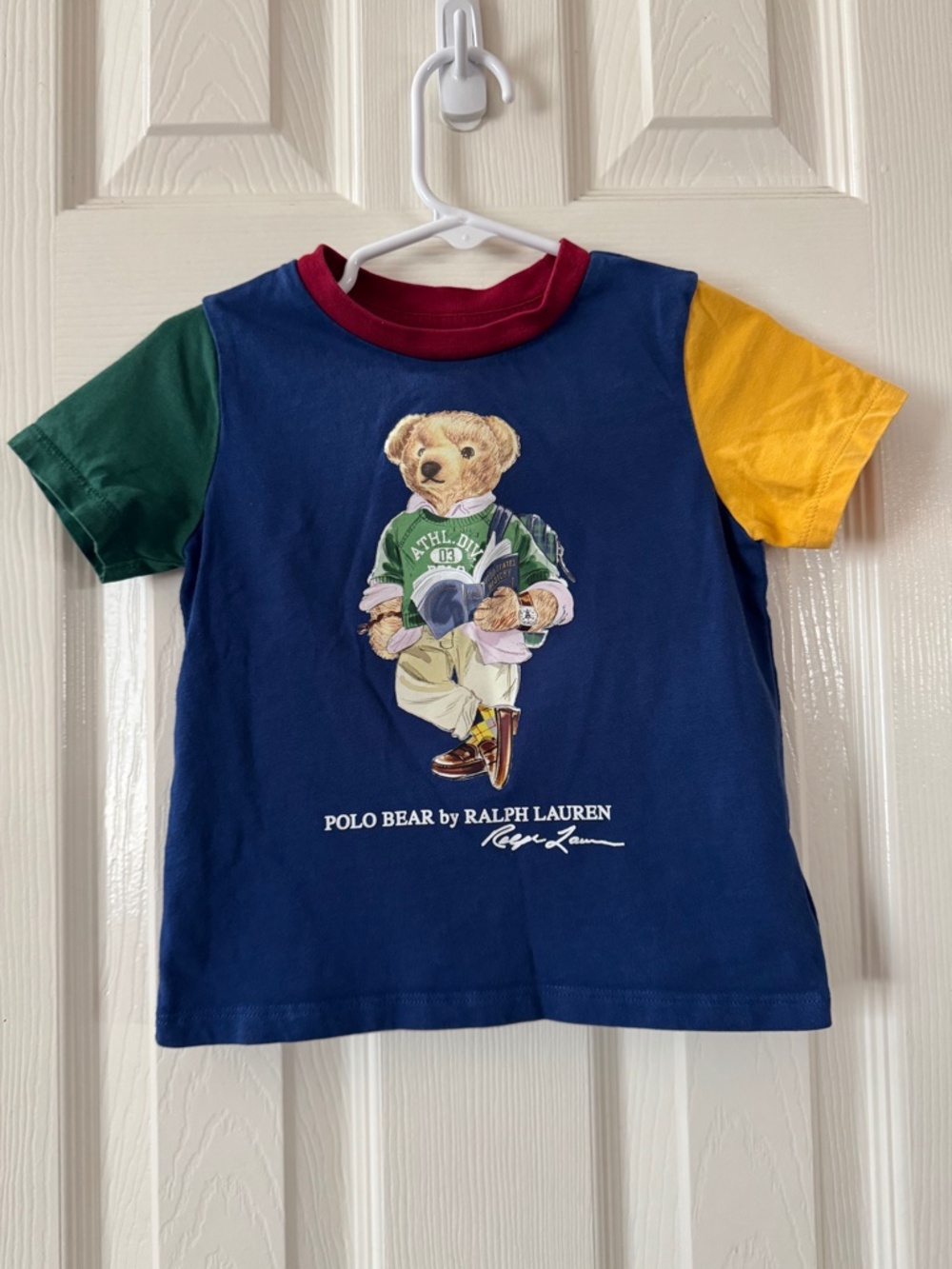Ralph Lauren Polo Bear T-Shirt Size 24M Colorblock Blue Green Yellow Toddler Boy